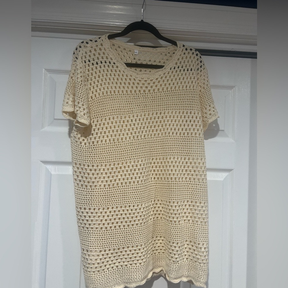 Swim coverup Crochet Open-Knit Short Sleeve Tunic - Cream